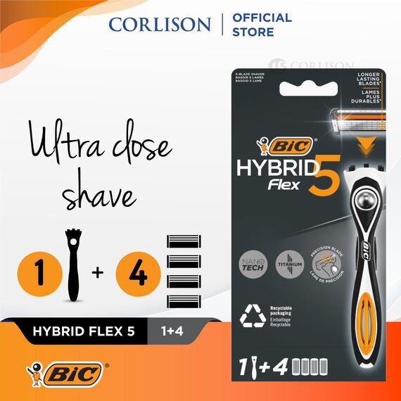 BIC Hybrid 5 Flex Rasierer Herren, Nassrasierer mit 4 Wechselklingen mit je 5 Klingen, mit Aloe Vera & Vitamin E, mit Präzisionstrimmer