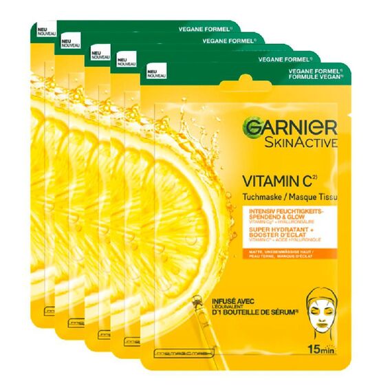 Garnier Feuchtigkeitsspendende Tuchmasken für sensible Haut, Mit Hyaluronsäure und Vitamin C, Für strahlende Haut und einen Glow-Effekt, SkinActive, 5 x 1 Masken