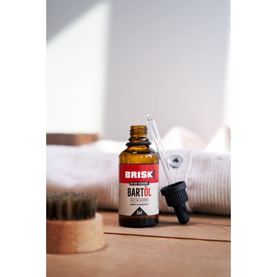 BRISK 2in1 Bartöl für Männer, 50 ml, Bartpflege mit Bio-Teebaumöl, zieht schnell ein, gepflegte Haut & weiche Barthaare, fettet nicht, zur Rasur, Gesichtspflege