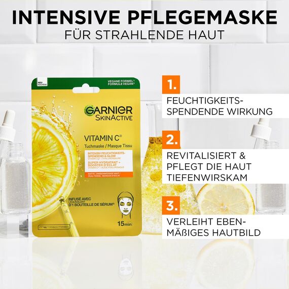 Garnier Feuchtigkeitsspendende Tuchmasken für sensible Haut, Mit Hyaluronsäure und Vitamin C, Für strahlende Haut und einen Glow-Effekt, SkinActive, 5 x 1 Masken
