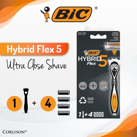 BIC Hybrid 5 Flex Rasierer Herren, Nassrasierer mit 4 Wechselklingen mit je 5 Klingen, mit Aloe Vera & Vitamin E, mit Präzisionstrimmer