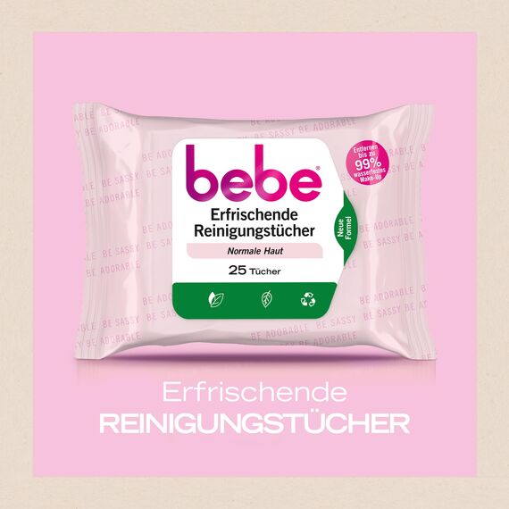bebe Erfrischende Reinigungstücher (6 x 25 Tücher), milde Abschminktücher mit Rosenwasser, Make-up Entferner aus Fasern 100% pflanzlichen Ursprung, Gesichtsreinigung für normale Haut, vegan*