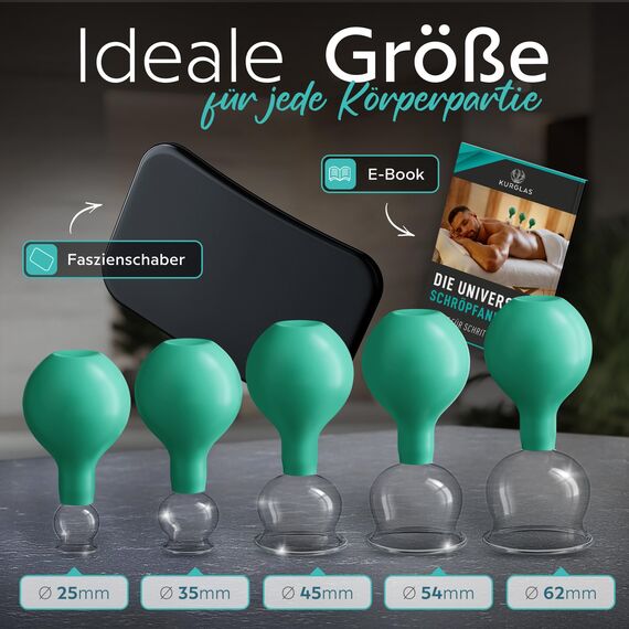 KURGLAS [Das Original] Schröpfgläser aus Echtglas [5 Stück] - Medizinische Schröpfen mit Saugball & Faszienschaber - mit starker Saugleistung - Schröpfset mit e-Book - Gegen Verspannungen & Cellulite