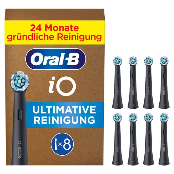 Oral-B iO Ultimative Reinigung Aufsteckbürsten — ORIGINAL Zahnbürstenaufsatz für Elektrische Oral-B iO Zahnbürsten — Ersatzbürsten, Bürstenköpfe — Tiefenreinigung & Plaqueentfernung — Schwarz, 8 Stück