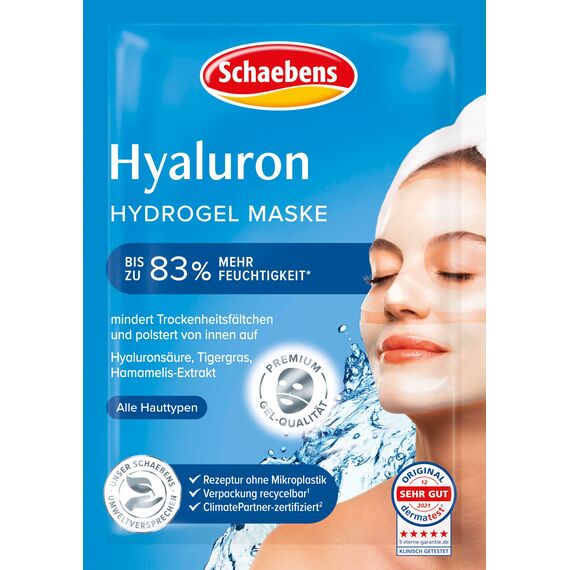 Schaebens Hyaluron Hydrogel Maske - Mega Booster spendet intensive Feuchtigkeit und polster auf. Mit Hyaluronsäure, Tigergras und Panthenol für alle Hauttypen.