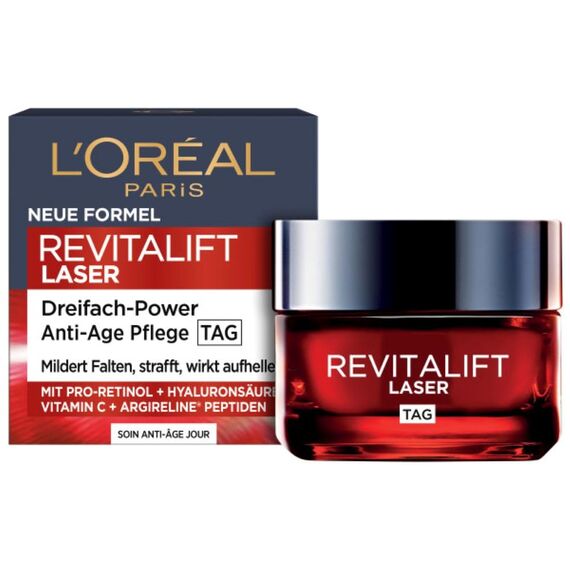 L'Oréal Paris Anti-Aging Tagescreme mit Dreichfachpower für Frauen, mit Pro-Retinol, Hyaluronsäure und Vitamin C – gegen Falten, straffende Feuchtigkeitspflege, Revitalift Laser 1 x 50ml