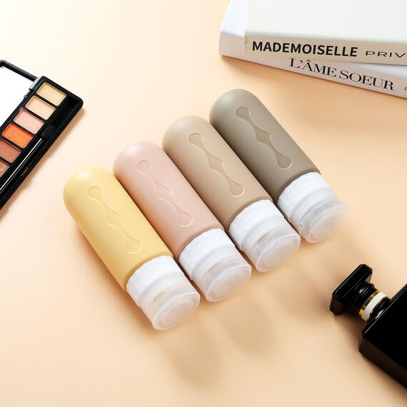 Gemice Silikon Reiseflaschen 90ml Set, 4 Stück auslaufsichere Reise Container und Reise Toilettenartikel Set, FDA zugelassene nachfüllbare Flüssigkeitsbehälter für Shampoo Creme Spülung Körperpflege