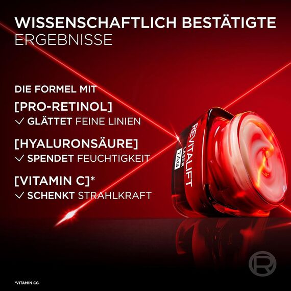 L'Oréal Paris Anti-Aging Tagescreme mit Dreichfachpower für Frauen, mit Pro-Retinol, Hyaluronsäure und Vitamin C – gegen Falten, straffende Feuchtigkeitspflege, Revitalift Laser 1 x 50ml