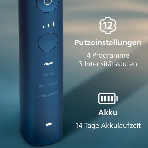 Philips Sonicare DiamondClean elektrische Zahnbürste der 9000er Serie – Schallzahnbürste, sauberere Zähne und Mundpflege mit 4x C3 Premium Plaque Defense-Bürstenköpfen, Aquamarine (Modell HX9911/89)