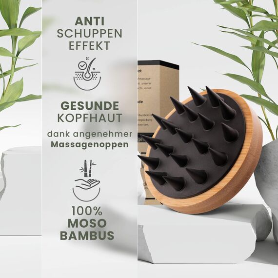 Kopfhaut Massagebürste - (100% Plastikfrei) Shampoo Bürste aus Bambus - Anti-Schuppen Effekt - Zur Kopfmassage beim Duschen - Scalp Massager - inkl. E-Book „Gesunde Kopfhaut“ (Schwarz)