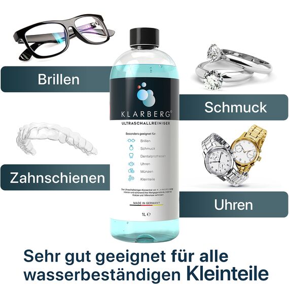 KLARBERG® 2x1L Ultraschallreiniger Konzentrat I Reinigung von Brillen, Schmuck, Zahnersatz, Uhren im Ultraschallbad I Mit jedem Ultraschallreinigungsgerät nutzbar