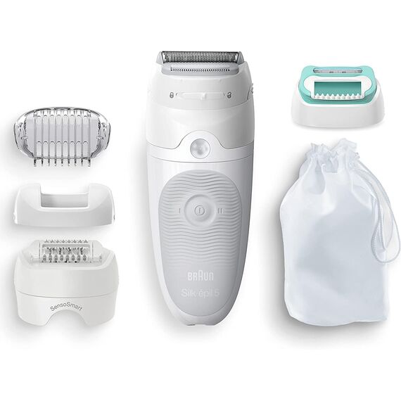 Braun Silk-épil 5 Epilierer Damen für Haarentfernung / Haarentferner, Aufsätze für Rasierer, Trimmer und Massage für Körper, Tasche, 5-625, weiß/grau