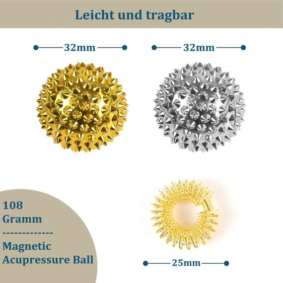 2 Stücke Magnetic Acupressure Balls &3 Stücke Massageringe für Finger Igelball Massage Small 32 mm Durchmesser Skills Borderline Set für Stress Relief oder Massage (Gold)