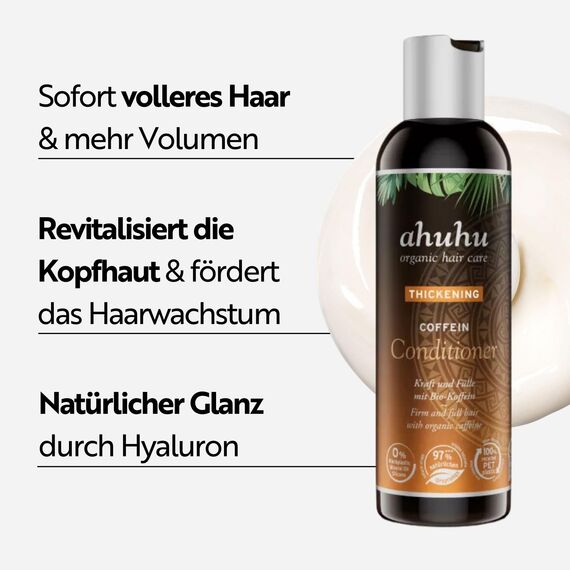 ahuhu THICKENING Coffein Conditioner (200ml) – Haarspülung mit Bio-Koffein & Reisstärke, Stärkt die Haarstruktur & verleiht Fülle, Für feines & kraftloses Haar, Pflegt ohne zu beschweren, Vegan