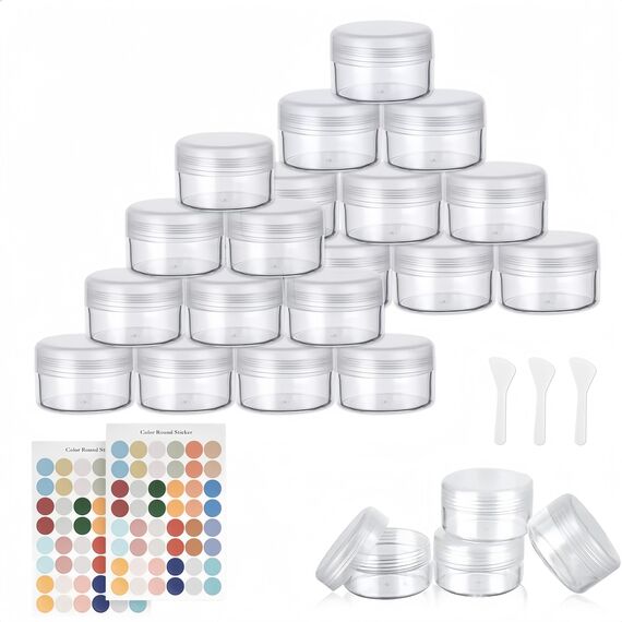 Flintronic 24 Stück Döschen, 30ml/20ml Plastik Döschen, Leerdose klarer Tiegel, Cremedose Leer Transparent Tiegel mit Spatel und Etikett，Reise Töpfchen Döschen Set für Mini-Kerzen Kosmetik
