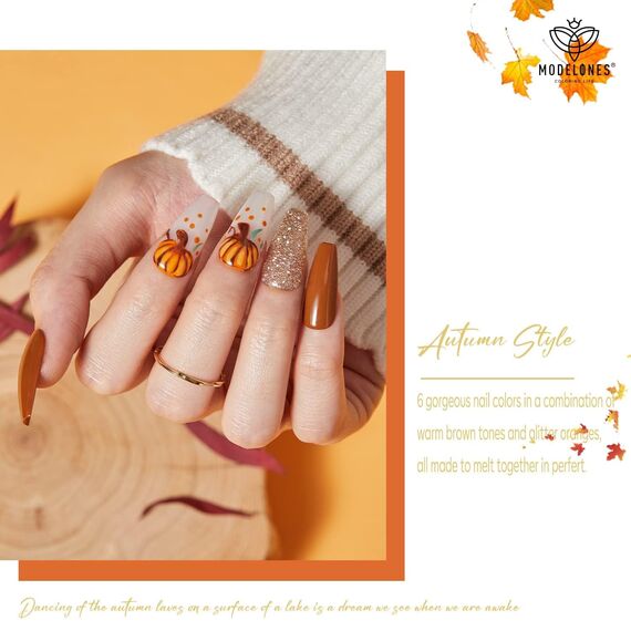 Modelones UV Nagellack Set Herbst Winter Kürbis Orange Nude Braun Glitter 6 Farbe Gel Nagellack Gel Nail Polish French Manicure Soak Off UV Nägel Gellack für Nail Art Nageldesign Kit