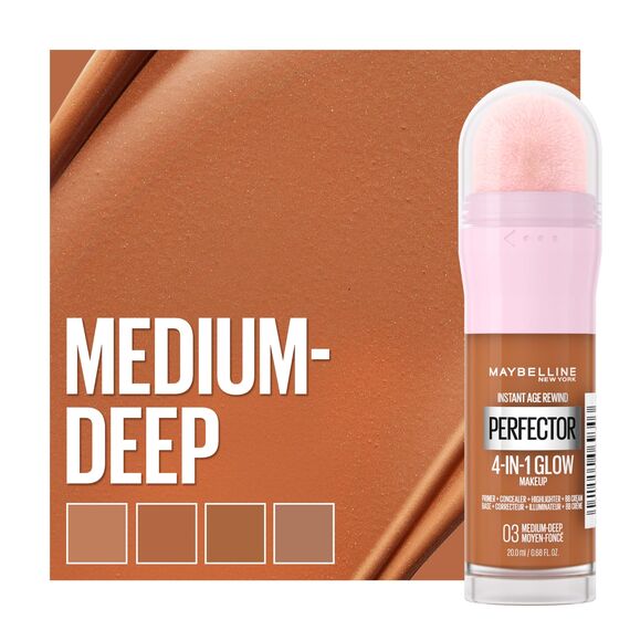 Maybelline New York 4-in-1 Make Up mit Concealer, BB Cream, Highlighter und Primer, für einen perfekten Teint, Foundation mit leichter Deckkraft, Instant Perfector Glow, Nr. 03 Medium Deep, 20 ml