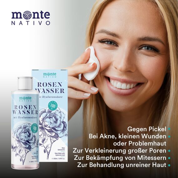 Rosenwasser Gesichtswasser mit Hyaluron 2x200ml Monte Nativo (400ml) - Rose water for face mit Hyaluronsäure 100% Natürliche Gesichtspflege - Gesichtstoner - Gesichtsreinigung - Porenreiniger Gesicht