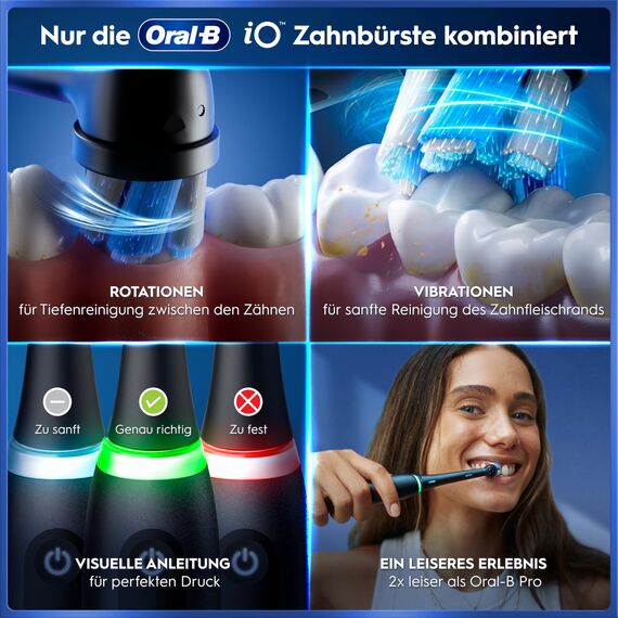 Oral-B iO Series 5 Plus Edition Elektrische Zahnbürste, Doppelpack — Electric Toothbrush, Inkl. 4 Aufsteckbürsten, 5 Putzmodi für Zahnpflege, Reise-Etui — Designed by Braun, Schwarz/Weiß