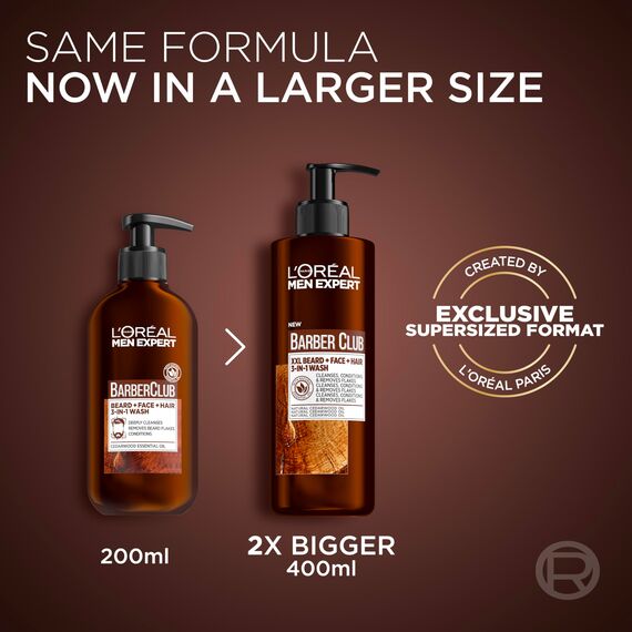 L'Oréal Men Expert XXL 3-in-1 Bartshampoo für Männer, Für Bart, Gesicht und Haar, Beruhigende Bartpflege für Männer gegen Schuppen mit Zedernholzöl, Barber Club, 1 x 400 ml