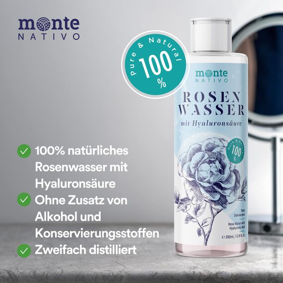 Rosenwasser Gesichtswasser mit Hyaluron 2x200ml Monte Nativo (400ml) - Rose water for face mit Hyaluronsäure 100% Natürliche Gesichtspflege - Gesichtstoner - Gesichtsreinigung - Porenreiniger Gesicht