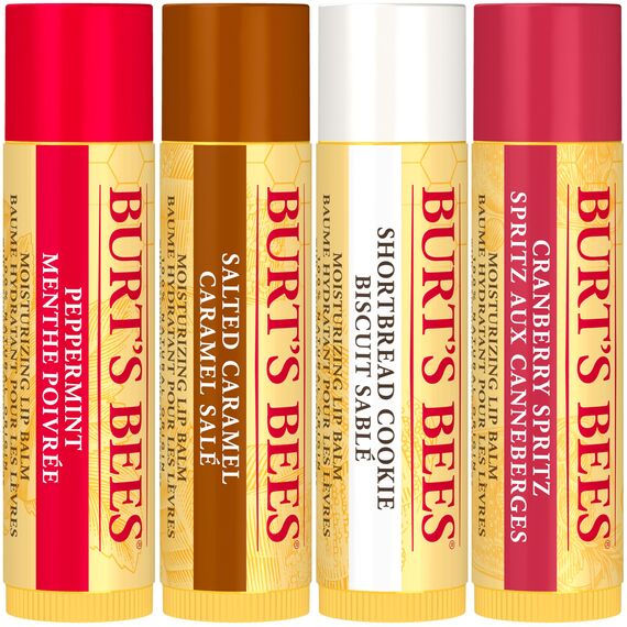 Burt's Bees Geschenkset | Lippenbalsam-Set mit Bienenwachs und Vitamin E | 100 % natürlichen Ursprungs | Shortbread Cookie, Cranberry Spritz, Salzkaramell und Pfefferminz | 4 x 4,25 g