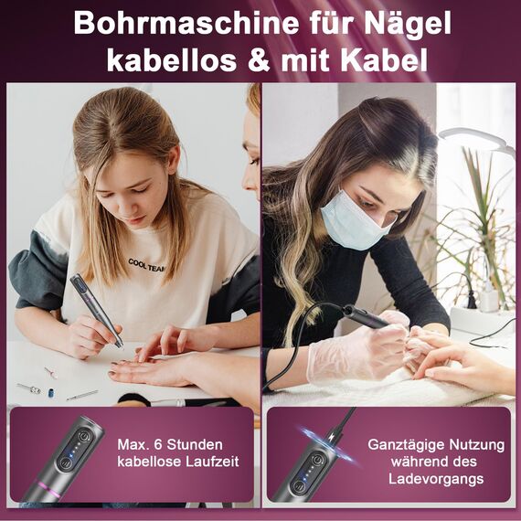 Nagelfräser für Gelnägel Kabellos, Auriox Elektrische Nagelfeile Fräser für Gelnägel, USB Wiederaufladbare, 25000u/min 3 Geschwindigkeitsstufen einstellbar, Maniküre Pediküre Set, Nail Drill