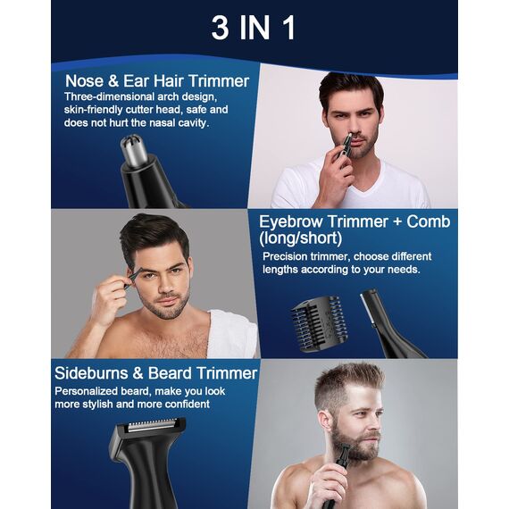 Nasenhaartrimmer, USB Wiederaufladbar Nasenhaarschneider 3 in 1 Set Ohrhaarschneider mit Doppelschneideklingen, Professioneller schmerzfreier Augenbrauen und esichtshaartrimmer für Männer und Frauen
