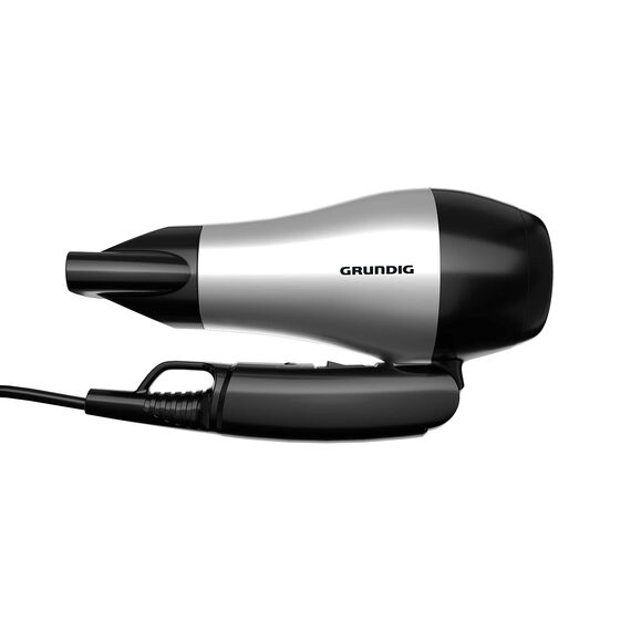 Grundig HD 2200 Sport- & Reisehaartrockner, Föhn, Reiseföhn, 1200 Watt, 2 Temperaturstufen, 2 Luftstromstufen, 1,8 m Kabel, einklappbarer Handgriff, extrem leicht, weltweit nutzbar, Silber/Schwarz