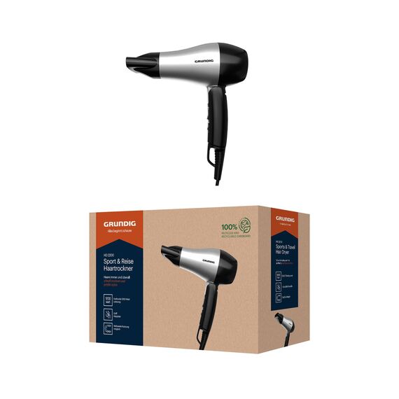Grundig HD 2200 Sport- & Reisehaartrockner, Föhn, Reiseföhn, 1200 Watt, 2 Temperaturstufen, 2 Luftstromstufen, 1,8 m Kabel, einklappbarer Handgriff, extrem leicht, weltweit nutzbar, Silber/Schwarz