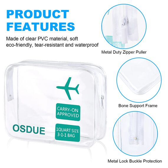 OSDUE 2 Stück Kulturbeutel Transparent, Flugzeug PVC Kosmetiktasche Wasserdicht, Handgepäck-Reisezubehör, Kulturtaschen für Männer, Frauen, Kinder, Familie (Grün)