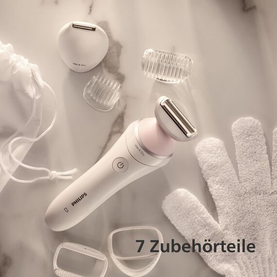 PHILIPS Lady Shaver Series 6000, Kabelloser Rasierer mit 6 Zubehörteilen Körperpeeling-Handschuh, Trimmer für die Bikinizone (Modell BRL146/00), Weiß/Rosa