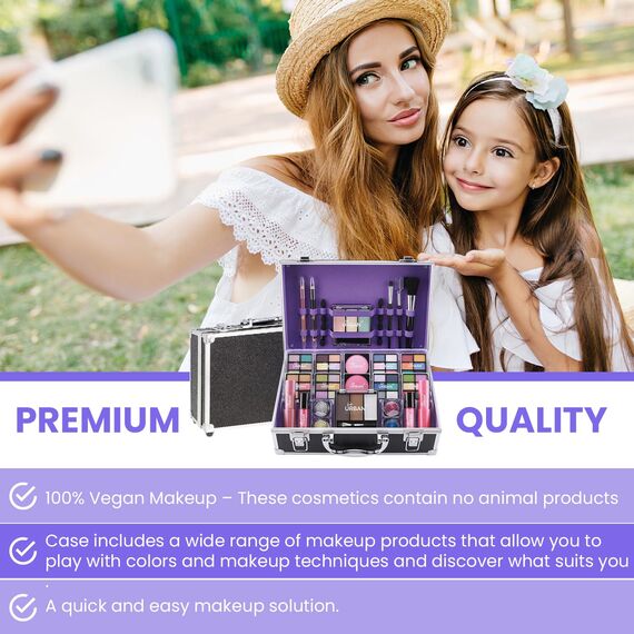 Bliss Schminktasche mit veganen Schminkprodukten - Kompletter Schminkkoffer mit Lidschatten, Rouge, Lippenstift, Augenbrauenwachs und -puder, Pinseln - Aluminium-gerahmter Schminkkoffer Organizer