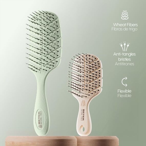 Beter - Haarbürsten-Set – Anti-Zug-Bürste + Mini-Bürste, ideal für Reisen – nachhaltig und recycelbar. NATURAL FIBER