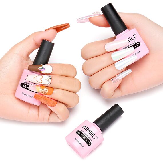 AIMEILI Base Coat Top Coat Matte UV Set Upgraded Formula Unterlack Und Überlack Matte Top Coat UV Gel Nagellack für Salon Home Use 3×10ml