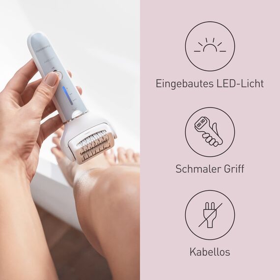 Panasonic ES-EY90 Nass/Trockenepilierer Damen, Dual Disc mit 60 Pinzetten, 90° schwenkbarer Kopf, 3 Geschwindigkeiten & LED-Licht, 30 Min. Betrieb, kabellos, Haarentferner, Scher- und Fußpflegekopf