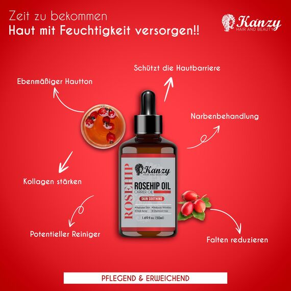 Kanzy Hagebuttenöl Bio Kaltgepresst 100% Rein 50ml Rosehip Oil Wildrosenöl für Haut Haare Nägel Gesichtsöl Körperöl Vegan Hexanfreies Hagebuttenkernöl Anti-Aging Anti-Falten Natürlich