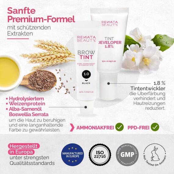 RB RENATA BEAUTY Augenbrauenfarbe Set – Brow Färbeset inkl. Entwickler & Stylingbürste – Augenbrauen Färbeset – Eyebrow Dye Kit mit bis zu 4 Wochen Halt – Brow Tint für Natürlichen Look [Schwarz]