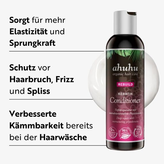 ahuhu REBUILD Keratin Conditioner (200ml) – Haarspülung für intensive Haarpflege, Tiefenreparatur mit Keratin & pflegenden Ölen, verbessert die Geschmeidigkeit & schützt geschädigtes Haar