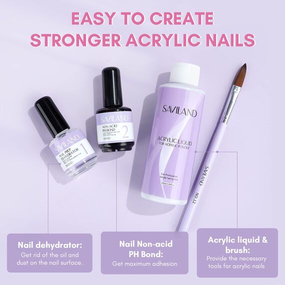 Saviland Acryl Liquid für Nägel Set 120ML Monomer for Acrylic Acrylpulver mit Dehydrator und Primer für Gelnägel 15ml*2pcs, Nicht Vergilbende Formel Acryl Liquid für Acrylpulver, Acrylnägel-Set