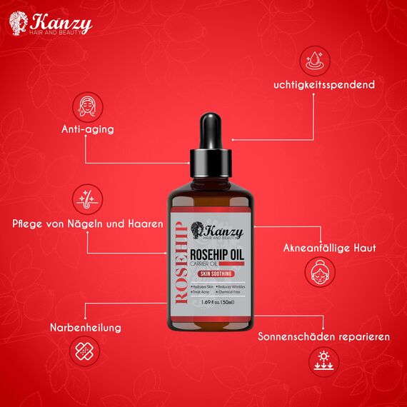 Kanzy Hagebuttenöl Bio Kaltgepresst 100% Rein 50ml Rosehip Oil Wildrosenöl für Haut Haare Nägel Gesichtsöl Körperöl Vegan Hexanfreies Hagebuttenkernöl Anti-Aging Anti-Falten Natürlich