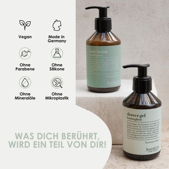 Jean & Len Feuchtigkeit Dusche Rosemary & Ginger, Duschgel für normale bis trockene Haut, reinigt und pflegt die Haut beim Waschen, würzig-frischer Rosmarin und Ingwer Duft, Shower Gel, 250 ml