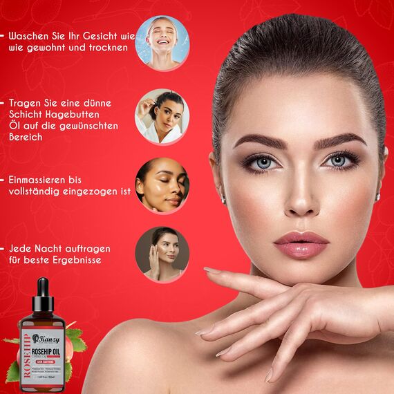 Kanzy Hagebuttenöl Bio Kaltgepresst 100% Rein 50ml Rosehip Oil Wildrosenöl für Haut Haare Nägel Gesichtsöl Körperöl Vegan Hexanfreies Hagebuttenkernöl Anti-Aging Anti-Falten Natürlich
