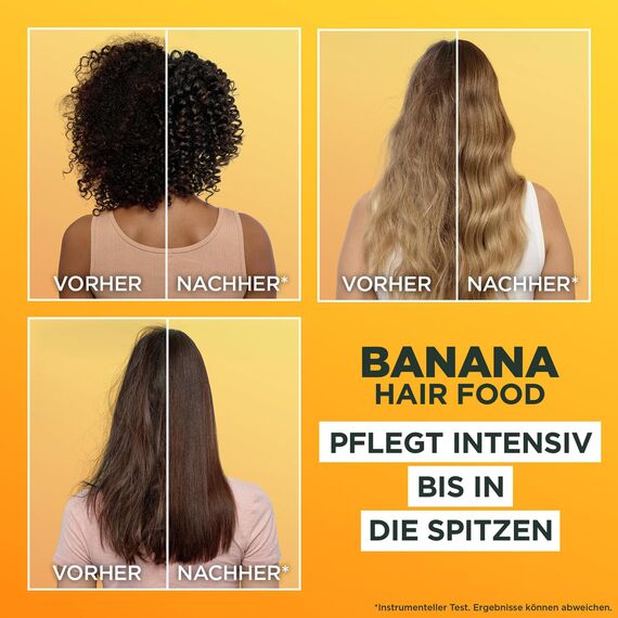 Garnier Fructis Pflegende Bananen Haarmaske, Leave-In für trockenes Haar und mehr Geschmeidigkeit, Anwendung als Spülung, Maske oder Leave-In, Lipidkomplex, Ohne Silikone, Hair Food, 3in1, 400ml