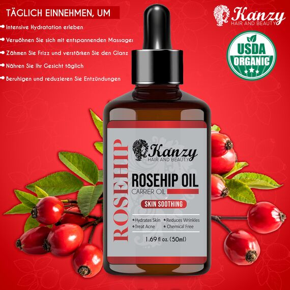 Kanzy Hagebuttenöl Bio Kaltgepresst 100% Rein 50ml Rosehip Oil Wildrosenöl für Haut Haare Nägel Gesichtsöl Körperöl Vegan Hexanfreies Hagebuttenkernöl Anti-Aging Anti-Falten Natürlich