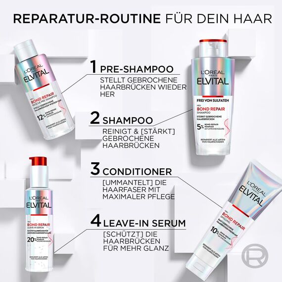 L'Oréal Paris Elvital Bond Repair Spülung, Conditioner gegen Haarschäden, Haarreparatur & Schutz, für weniger Haarbruch, mehr Geschmeidigkeit & Glanz, mit Bond-Repair-Komplex und Zitronensäure,150ml
