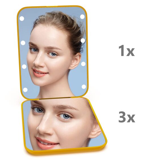 Kintion Taschenspiegel, LED-Kompakt-Reise-Make-up-Spiegel mit 1-facher/3-facher Vergrößerung, Kompaktspiegel mit Licht, Handtaschenspiegel, Kleiner beleuchteter Kompaktspiegel als Geschenk, Gelb