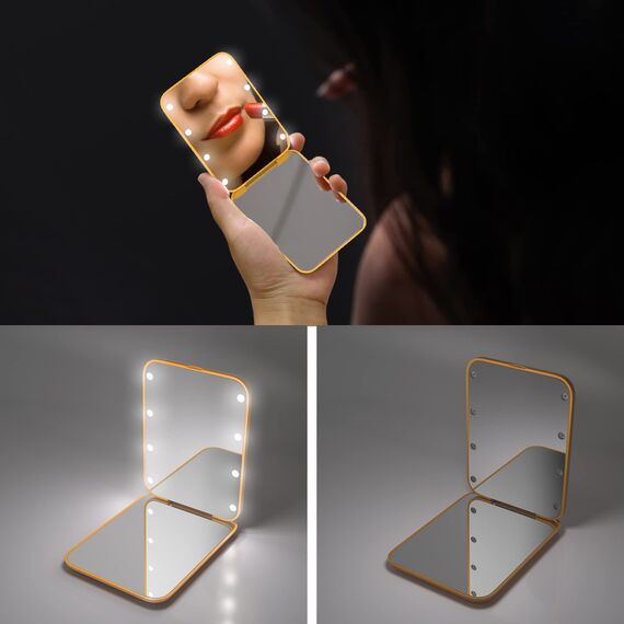 Kintion Taschenspiegel, LED-Kompakt-Reise-Make-up-Spiegel mit 1-facher/3-facher Vergrößerung, Kompaktspiegel mit Licht, Handtaschenspiegel, Kleiner beleuchteter Kompaktspiegel als Geschenk, Gelb