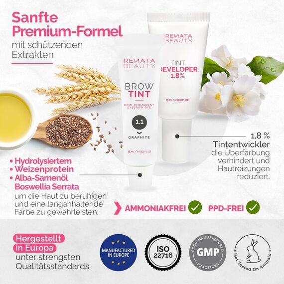 RB RENATA BEAUTY Augenbrauenfarbe Set – Brow Färbeset inkl. Entwickler & Stylingbürste – Augenbrauen Färbeset – Eyebrow Dye mit bis zu 4 Wochen Halt – Brow Tint für Natürlichen Look [Graphit-Grau]