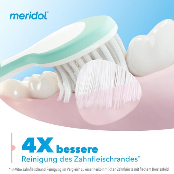 meridol Zahnbürste Zahnfleischschutz, weich, 4 Stück - Handzahnbürste für eine schonende Reinigung von Zähnen am Zahnfleischsaum